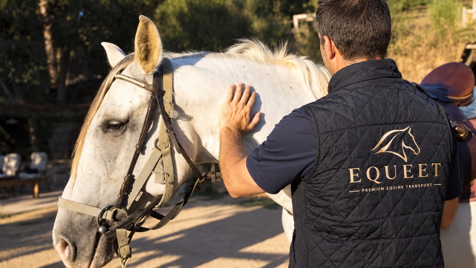 Persona con chaleco EQUEET junto a un caballo blanco